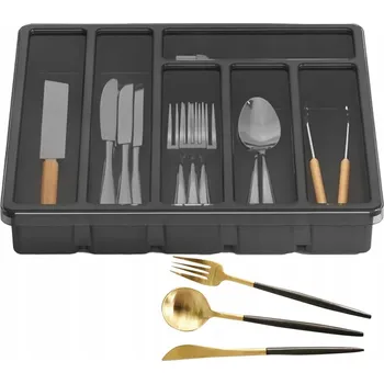 Úložný box Organizér na příbory s víkem, 6 přihrádek - ČERNÝ