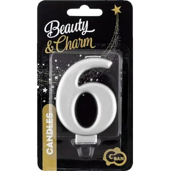 Dortová svíčka Narozeninová SVÍČKA dekorace na dort číslice 6 metalická STŘÍBRNÁ 8,0 cm
