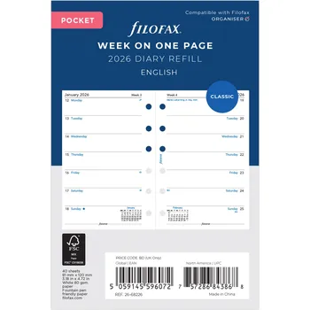 Náplň do diáře Filofax, Kalendář 2026 kapesní, týden/1 strana, AJ