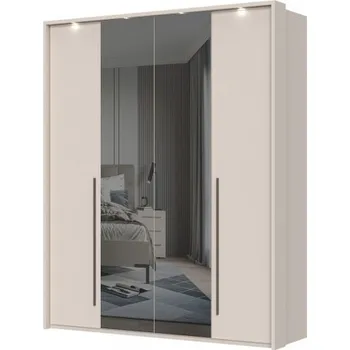 Šatní skříň Čtyřdvéřová šatní skříň se zrcadlem a LED osvětlením Baptiste – béžová