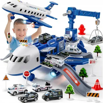 autíčko Policejní letadlo rozkládací XXL Policie auto jeřáb parkoviště světlo zvuk