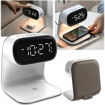 Lampička Noční lampa LED stolní na stůl s indukční nabíječkou Qi 15W, hodinami a budíkem
