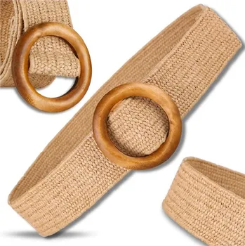 Opasek Dámský Slaměný Elastický Pásek s Dřevěnou Sponou, Šířka 45mm, Délka 107cm