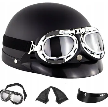 Helma na motorku MOTOCYKLOVÁ PŘILBA ČERNÁ RETRO HELMA + BRÝLE + ŠILT