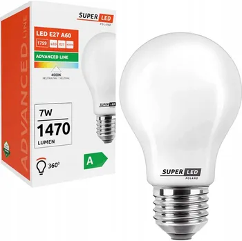 Žárovka LED žárovka A60 E27 Třída A 7W 1470 lm = 150W 4000K 360 stupňů SuperLED