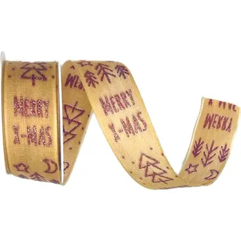 Stuha Stuha vánoční CHRISTMAS PRINT medová 25mm x 2m (5,-Kč/m) (Vánoční stuha bavlněná, oboustranný glitrový potisk, s drátkem v lemu)