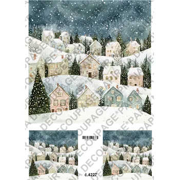 Umělecký papír Rýžový a soft papír na decoupage - Zimní krajinka s domky - KB04227 Materiál: Rýžový papír, Rozměr: A4