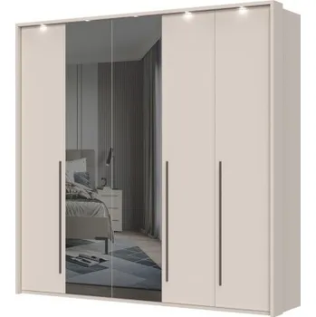 Šatní skříň Pětidvéřová šatní skříň Baptiste se zrcadlem a LED osvětlením - béžová