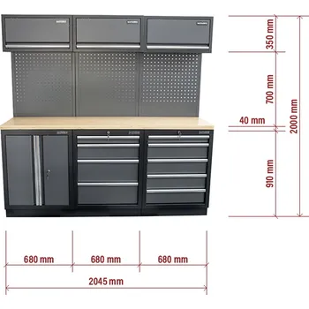 Dílenský stůl Matabro Sestava 6 ks dílenského nábytku SET-CA01027 s dřevěnou pracovní deskou MB-TGW80 2045 x 465 x 2000 mm