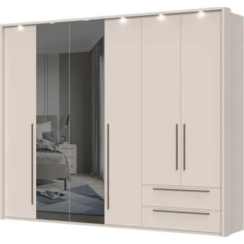 Šatní skříň Šestidvéřová šatní skříň Baptiste se zrcadlem, LED a zásuvkami - béžová