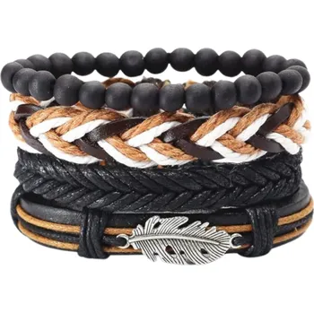 Náramek Camerazar Sada 4 pánských kožených náramků s korálky a přívěskem