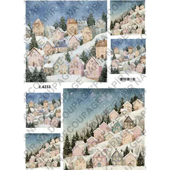 Umělecký papír Rýžový a soft papír na decoupage - Zimní krajinka s domky - KB04233 Materiál: Soft, Rozměr: A4