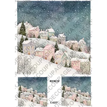 Umělecký papír Rýžový a soft papír na decoupage - Zimní krajinka s domky - KB04237 Materiál: Soft, Rozměr: A4