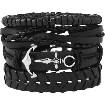 Náramek Camerazar Černá kožená pánská náramková souprava PUNK - 4 kusy s kotvou