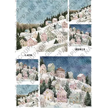 Umělecký papír Rýžový a soft papír na decoupage - Zimní krajinka s domky - KB04236 Materiál: Soft, Rozměr: A4