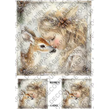 Umělecký papír Rýžový a soft papír na decoupage - Holčička s jelínkem zima - KB04243 Materiál: Soft, Rozměr: A4