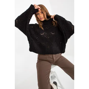 Dámský svetr Ažurový rolákový svetr se širokými rukávy model 70124 černý