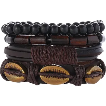 Náramek Camerazar Pánská černá hnědá kožená PUNK náramek - sada 4 kusy s mušlemi