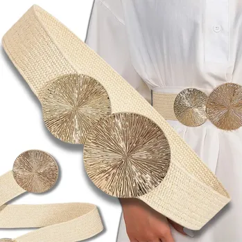 Opasek Camerazar Dámský řasený slam dekorační pásek, béžový ozdobný pásek Béžový pletený slaměný pásek s kulatou sponou