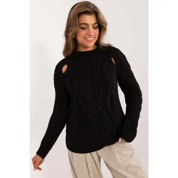 Dámský svetr Svetr s copánkovým vzorem a výřezy model 56019 černý