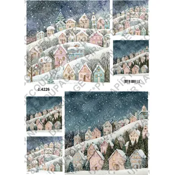 Umělecký papír Rýžový a soft papír na decoupage - Zimní krajinka s domky - KB04226 Materiál: Soft, Rozměr: A4