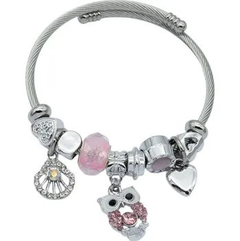 Náramek Mareb Dámský náramek z nerezové oceli se sovičkou a růžovými detaily