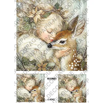 Umělecký papír Rýžový a soft papír na decoupage - Holčička s jelínkem zima - KB04242 Materiál: Rýžový papír, Rozměr: A4