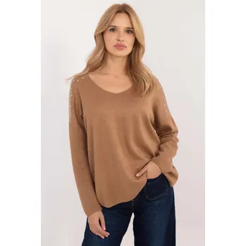 Dámský svetr Oversize svetr s aplikací z kamínků model 69021 barva camel