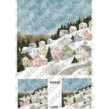 Umělecký papír Rýžový a soft papír na decoupage - Zimní krajinka s domky - KB04234 Materiál: Soft, Rozměr: A4