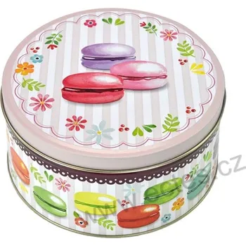 Dóza na potraviny MACARONS plechová dóza 7121 barevné sladké cukrovinky makrónky a květy