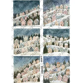 Umělecký papír Rýžový a soft papír na decoupage - Zimní krajinka s domky - KB04230 Materiál: Soft, Rozměr: A4