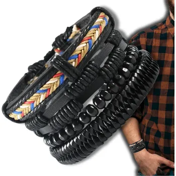 Náramek Camerazar Sada 4 pánských kožených náramků s korálky a pletením