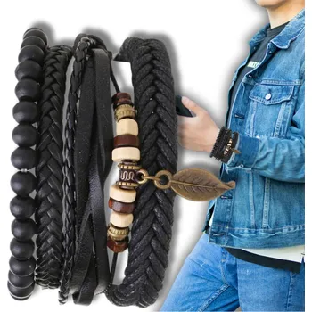 Náramek Camerazar Sada pánských kožených náramků s korálky a přívěskem