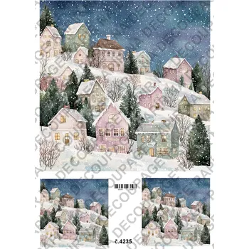 Umělecký papír Rýžový a soft papír na decoupage - Zimní krajinka s domky - KB04235 Materiál: Soft, Rozměr: A4