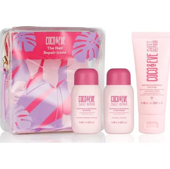 Kosmetická sada Coco & Eve Hair Repair Icons Coco & Eve Sweet Repair Repairing & Restoring Shampoo intenzivně regenerační šampon pro poškozené a barvené vlasy 70 ml + Coco & Eve Sweet Repair Repairing & Restoring Conditioner intenzivně regenerační kondicionér pro poškoze