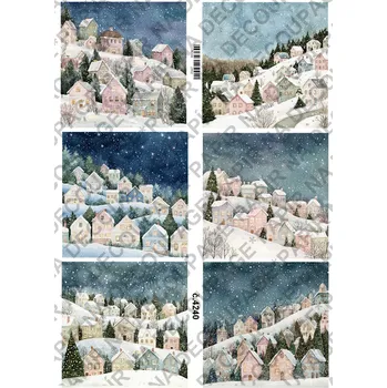 Umělecký papír Rýžový a soft papír na decoupage - Zimní krajinka s domky - KB04240 Materiál: Rýžový papír, Rozměr: A4