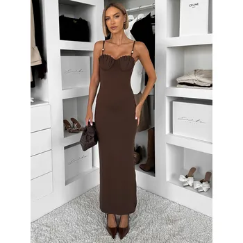 Dámské šaty Hnědé dlouhé šaty LUVEORA na ramínka Velikost: M/L