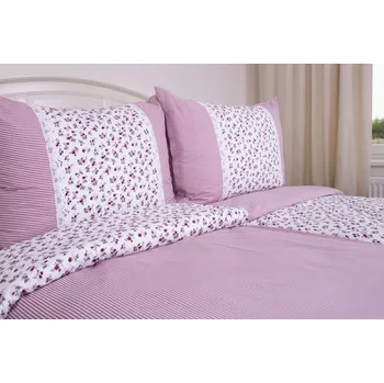 Povlečení Podpěrová s.r.o. Krepové povlečení KYTIČKA BORDÓ / růžový proužek S KRAJKOU Velikost: 200x220 (1x), 70x90 cm krajka (2x) ŠEV na peřině