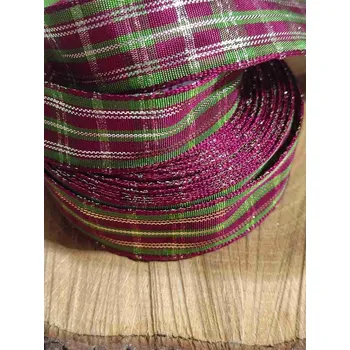 Stuha Kostkovaná stuha bordo zelená se zlatým a s drátem