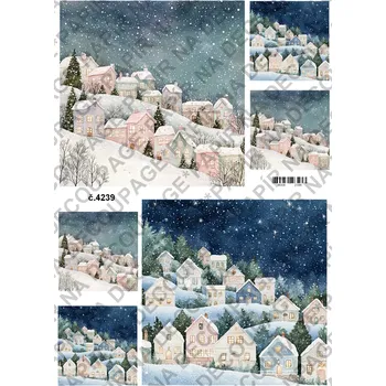 Umělecký papír Rýžový a soft papír na decoupage - Zimní krajinka s domky - KB04239 Materiál: Soft, Rozměr: A4