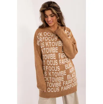 Dámský svetr Dlouhý svetr s nápisy model 54607 barva camel