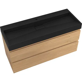 Koupelnový nábytek CERANO - Koupelnová skříňka Carole - dub medový + umyvadlo z lit. mramoru Vita - otvor - černá matná - 100x58x46 cm