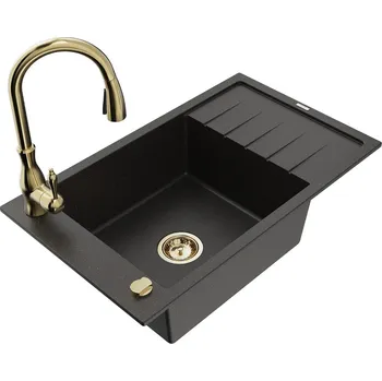 Granitový dřez MEXEN/S - Elias Elias granitový dřez 1-miska s odkapávačem včetně baterie Savita, černá/zlatá metalik 6511-75-672601-50