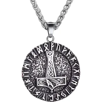 Přívěsek Oboustranný přívěsek z chirurgické oceli Thorovo kladivo & Vegvísir - Model BEZ ŘETÍZKU (pouze přívěsek)