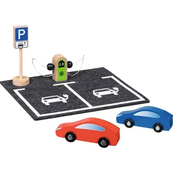 Dřevěná hračka Vláčkodráha budova - Dobíjecí stanice se 2 autíčky (Goki) - Novinky