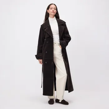 Dámský kabát Reserved - Trenčkot z umělého semiše - tmavě hnědá - UA742-89X - UA742-89X-XS