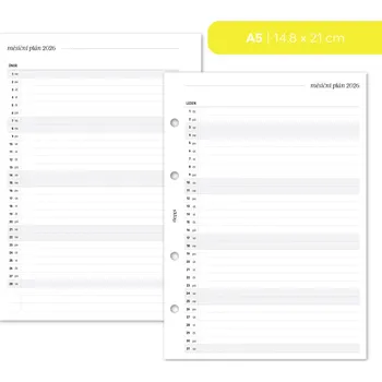 Diář Fleppi Náplň do diáře - Měsíční plán 2026 Vyberte velikost náplně: A5 - 4 dírky