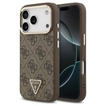 Pouzdro na mobilní telefon Guess PU Leather 4G Strass Triangle Logo Gold Frame MagSafe Zadní Kryt pro iPhone 17 Pro Brown