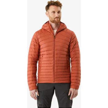 Pánská vesta FORCLAZ Pánská turistická péřová bunda s kapucí MT 100 L KAŠTANOVÁ|ORANŽOVÁ