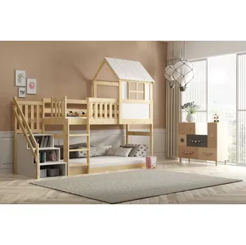 Dětská postel BMS Group Dětská domečková postel se schody 200 x 90 Přírodní dřevo